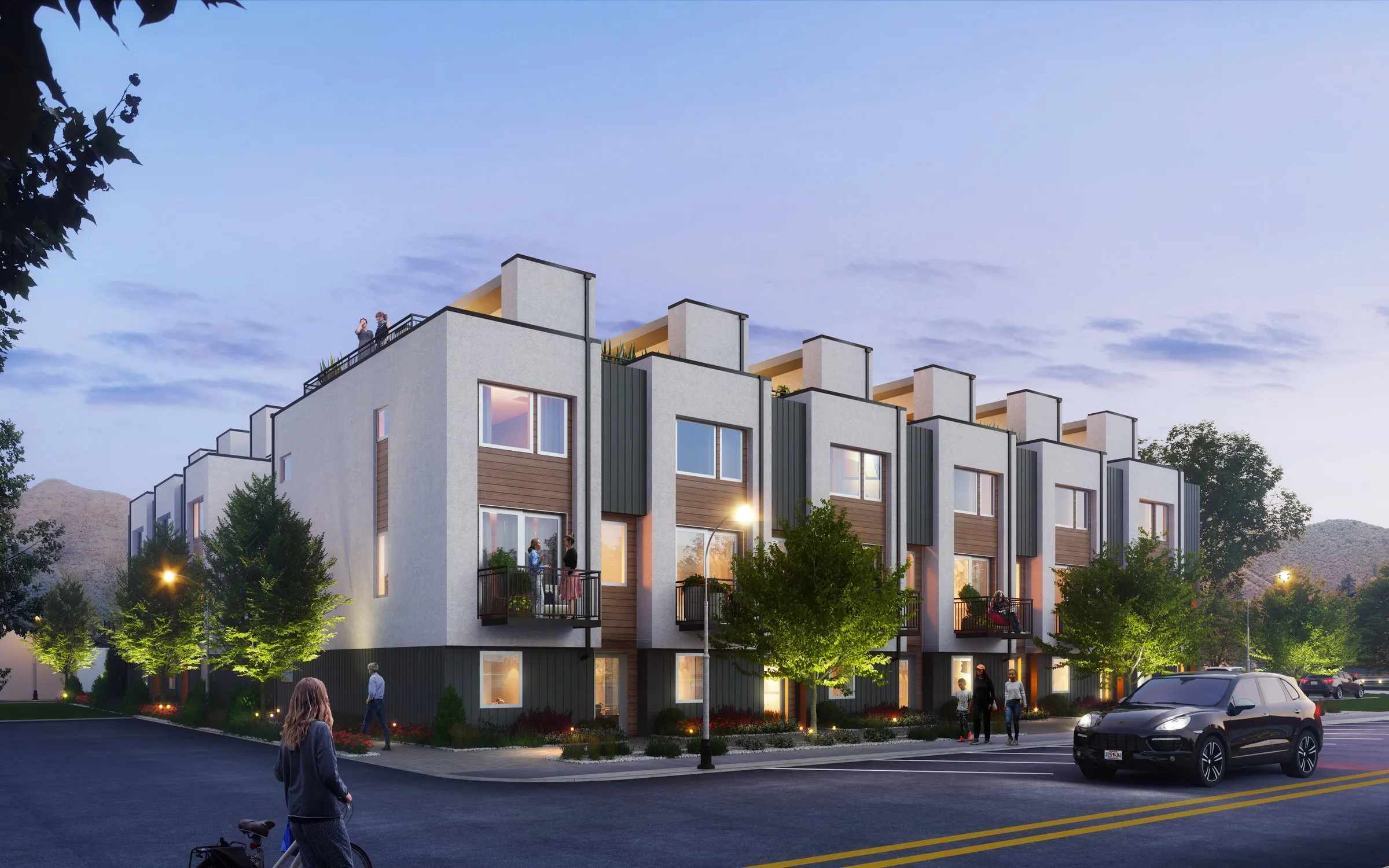 Dusk rendering of the 410 RVR townhomes at 410 N River Street in Hailey.